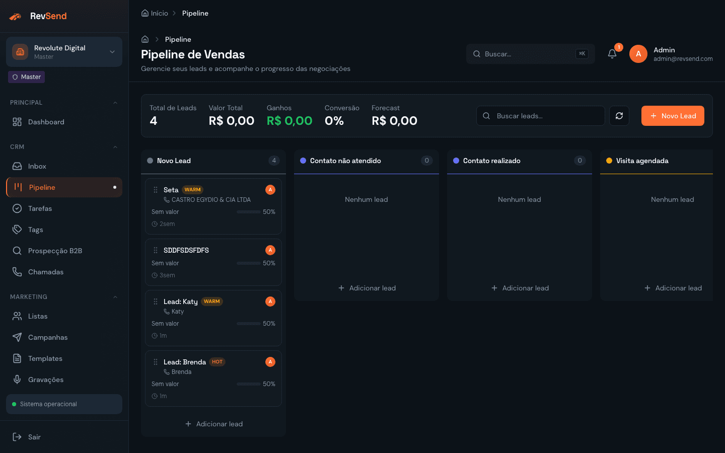 Pipeline visual do RevSend — CRM Kanban com deals coloridos